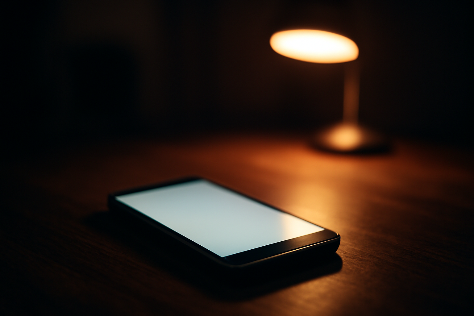Smartphone dengan kecerahan layar diredupkan di atas meja saat malam hari