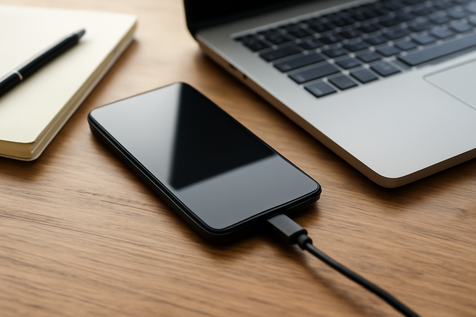 Transfer file dari HP ke laptop menggunakan kabel USB di meja kerja